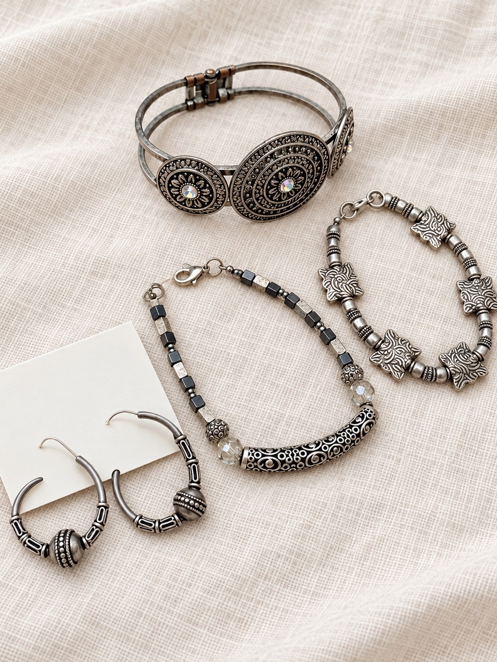 Vintage-Inspired Silver Tone Bohemian Bracelet Set - Oxidized Silver